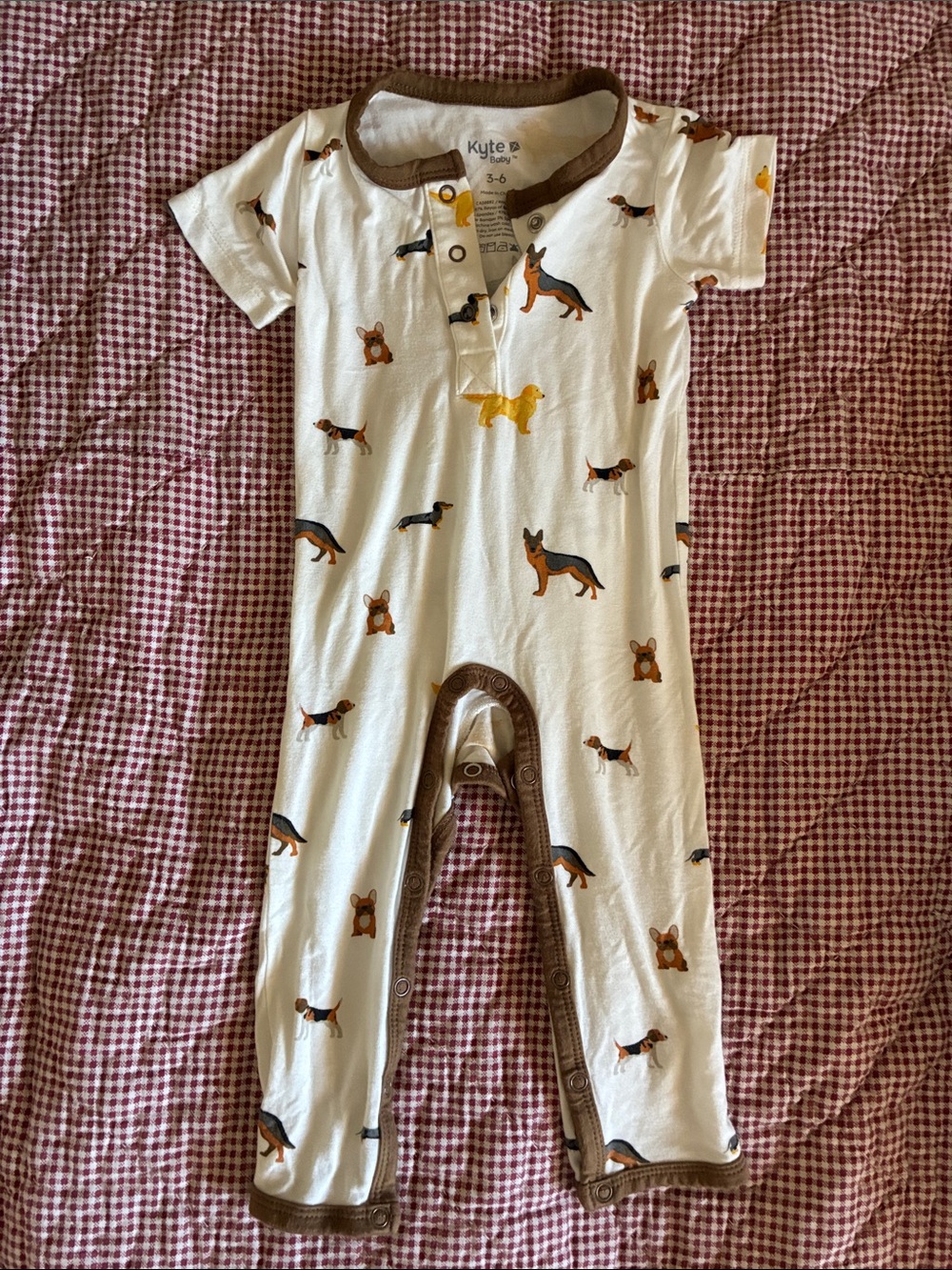 Kyte BABY Cream One-Piece with Brown Trim and Dog Print